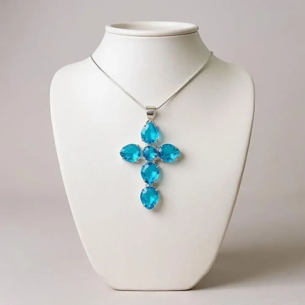 Unique Swiss Blue Topaz Cross Large Pendant Necklace Faceted Teardrop Boho New
